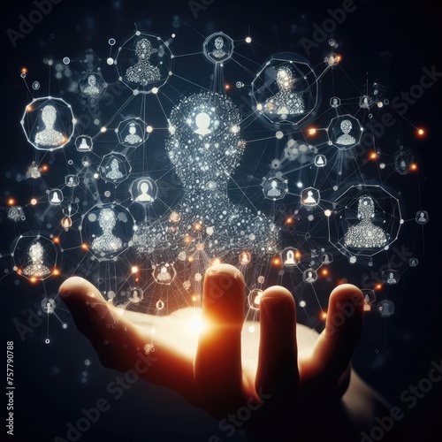 Businessman hand holding social network connection concept.
