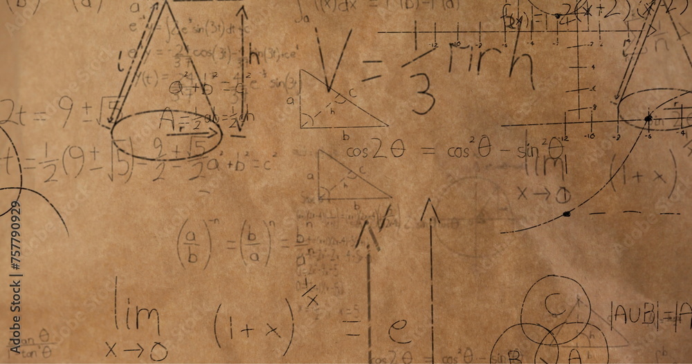 Math equations and figures animate on a brown backdrop for a 4k back-to-school theme.
