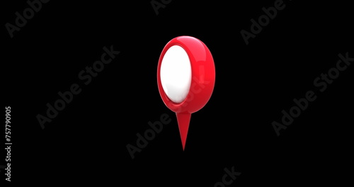 Red map pin icon zooms and hovers on black background in 4K.
