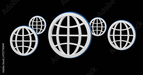 Digital image of white globe icons hovering in the screen against a black background 4k