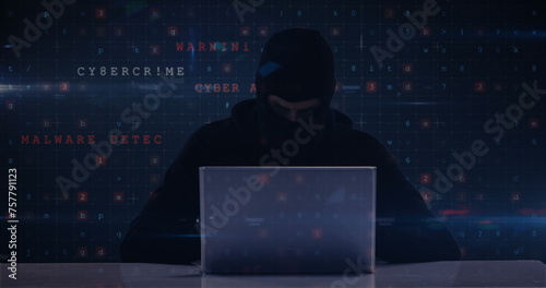 Image of caucasian male hacker over flag of russia and ukraine