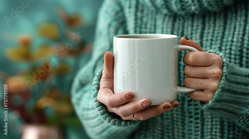 Female hand holding white mug with blank copy space for your advertising text message or promotional content, sweet coffee or tea. Made with generative ai
