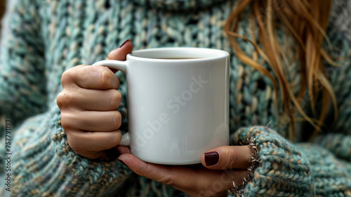 Female hand holding white mug with blank copy space for your advertising text message or promotional content, sweet coffee or tea. Made with generative ai