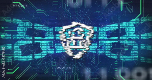 Image of digital shield with padlock and block chain over binary code and navy background