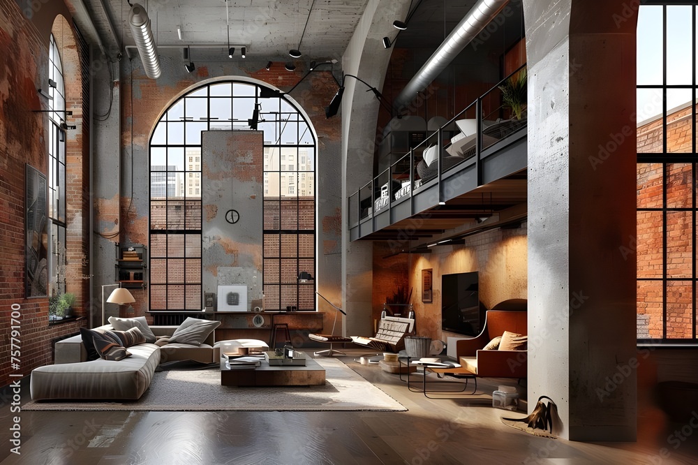 Loft studio with high ceilings and brick walls creates a feeling of spaciousness and comfort thanks to large windows and industrial decor elements.