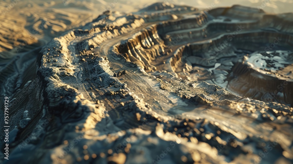 Golden Sunrise over Rugged Terrain, Sunlight bathes a rugged landscape, highlighting the texture and contours of an expansive terrain. The golden hue casts a warm glow over the intricate details