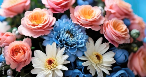 Bouquet of Roses and Chrysanthemums Close Up, Beautiful Blue Flower Background photo