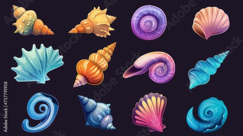 The set contains sea shells and snail conches as well as horned, spiral and scallop clams from a nautical aquarium or a marine aquarium for use as game icons. Cartoon modern illustration set of cute