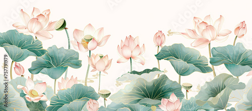 Lotus Harmony: East Asian-inspired Pastel Floral Illustration