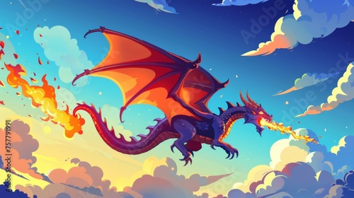 The illustration of a fantasy dragon with flames in the sky is a modern illustration of a fairytale animal attacking with its mouth flames, representing a medieval adventure game character.