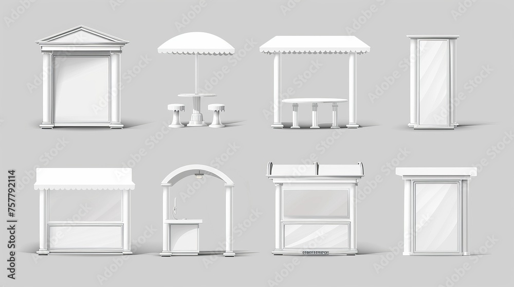 A realistic modern illustration set of white empty portable kiosk mockups with signboards. A blank trade fair, promotion or presentation booth. A realistic modern illustration set of white empty portable kiosk mockups with signboards. A blank trade fair, promotion or presentation booth.