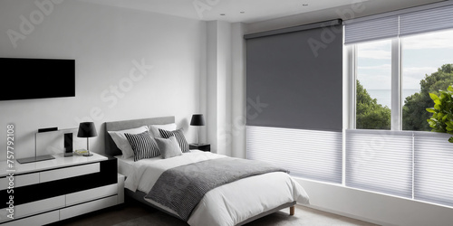 Gray blackout roller blind on windows in stylish modern badroom. Shutters on the plastic window. photo