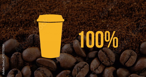 A yellow coffee cup icon rests on a bed of coffee beans