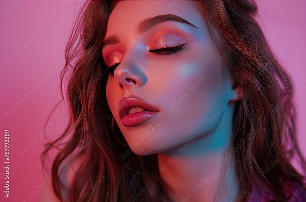 Pink Glow Beauty Portrait, Close-up of a woman with glossy makeup and soft pink lighting, highlighting her elegant features and serene expression Pink Glow Beauty Portrait, Close-up of a woman with glossy makeup and soft pink lighting, highlighting her elegant features and serene expression
