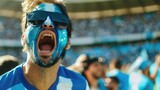 Exuberant Fan with Face Paint at Stadium, ecstatic soccer fan with face painted in blue and white screams in support, wearing sunglasses at a sunny stadium