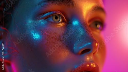 Neon Glow on Female Face, close-up of a woman's face bathed in vibrant neon light, highlighting her eyes and creating a futuristic ambiance
