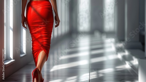 Red Elegance in Sunlight, abstract illustration of a woman in a red dress and heels, walking confidently in a sunlit corridor. Emphasizing fashion, poise, and independence