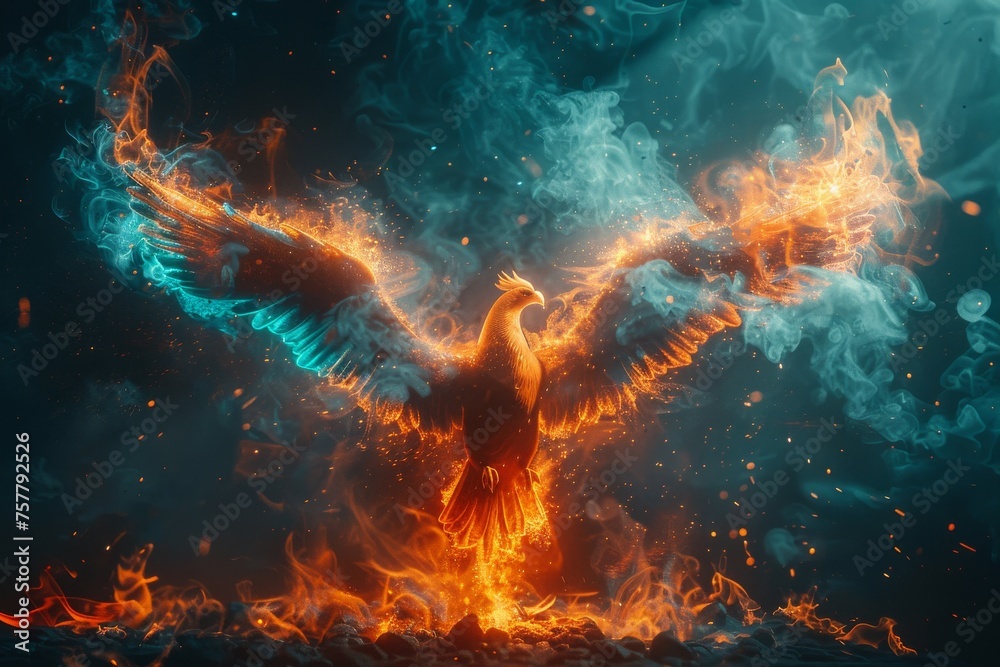 A Phoenix bird is surrounded by a circle of fire A Phoenix bird is surrounded by a circle of fire