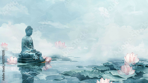 Tranquil Buddha  Serene Lake  Lotus Flowers  Spiritual Watercolor