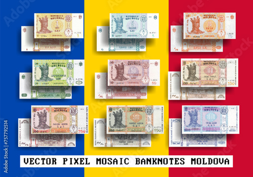 Vector set pixel mosaic banknotes of Moldova. Collection notes in denominations of 1, 5, 10, 20, 50, 100, 200, 500 and 1000 lei. Play money or flyers. Obverse and reverse.