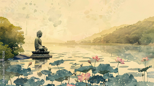 Tranquil Buddha: Peaceful Lotus Lake in Watercolor Style
