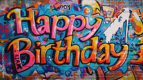 "Happy Birthday" written in bold, graffiti-style lettering against a solid background of vibrant street art, reflecting the urban energy and creativity of a modern birthday celebration. © AQ Arts