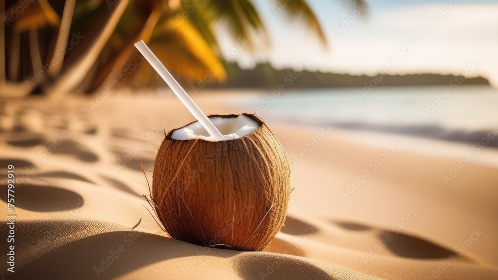 Tropical fresh coconut cocktail with straw on white beach with blue ocean and palm trees on the background, tropical,Holiday,resort concept