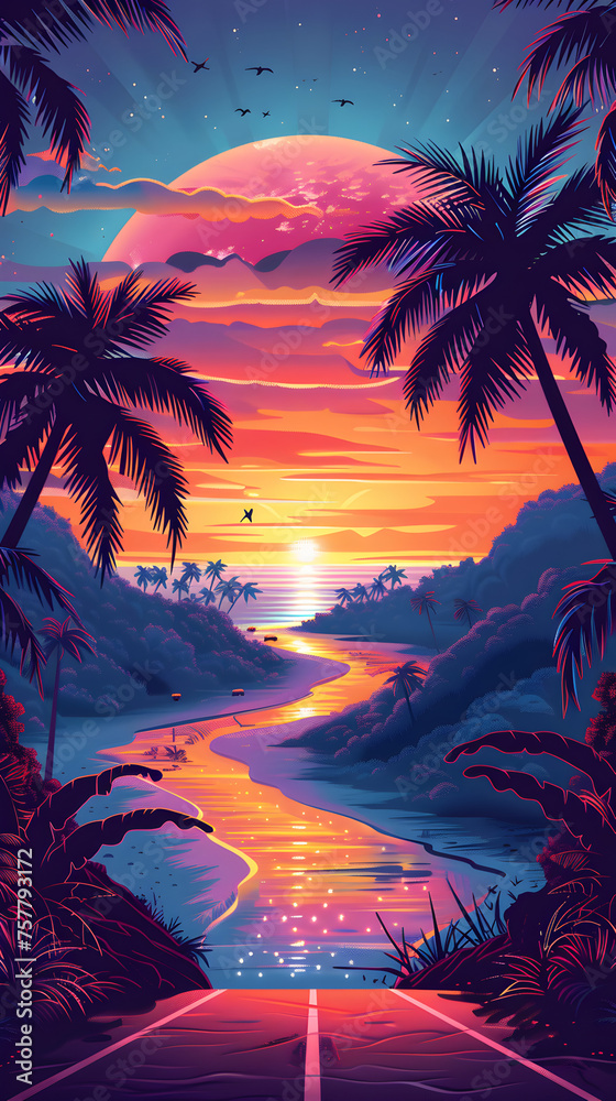 Tropical Sunset Road with Vibrant Colors