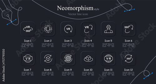 Virtual reality icon set. Horizons, scrolling, VR 360 helmet, games, inspection. Neomorphism style. Vector line icon for business and advertising