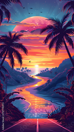 Tropical Sunset Road with Vibrant Colors