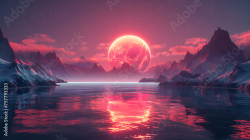 Majestic Red Planet Rising Over Icy Mountain Lake