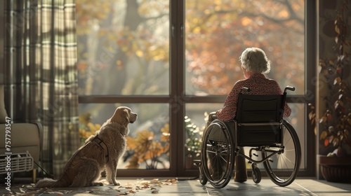 Serene Autumn Companionship, senior woman in a wheelchair and her loyal dog gaze out a window, sharing a peaceful moment amidst the warm glow of an autumn morning photo