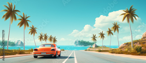 Road with car sea and palms. Summer travel concept.  © levit