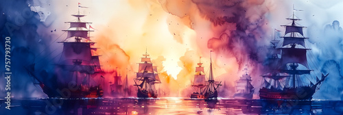 Wallpaper in the style of watercolor painting, a modern series of panoramic aerial views of a naval battle of sailing ships of the 17th century photo