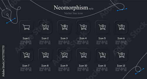 Grocery cart icon set. Star, favorites, recommended products, advertising, purchase. Neomorphism style. Vector line icon for business and advertising
