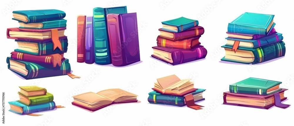 The piles of books with paper pages, colorful hardcovers, and bookmarks for reading and education concept. Cartoon modern illustration set featuring book stacks and singles. The piles of books with paper pages, colorful hardcovers, and bookmarks for reading and education concept. Cartoon modern illustration set featuring book stacks and singles.