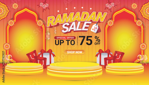 Banner Ramadan mubarak sale orange 3d text editable social media background 2