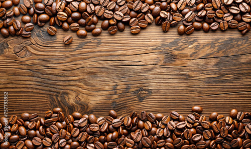 coffee beans wallpaper seen from above on a wooden table top with copy space background © Deea Journey 