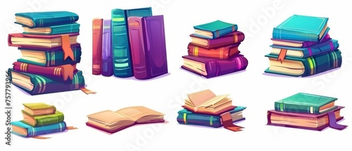 The piles of books with paper pages, colorful hardcovers, and bookmarks for reading and education concept. Cartoon modern illustration set featuring book stacks and singles. © Mark