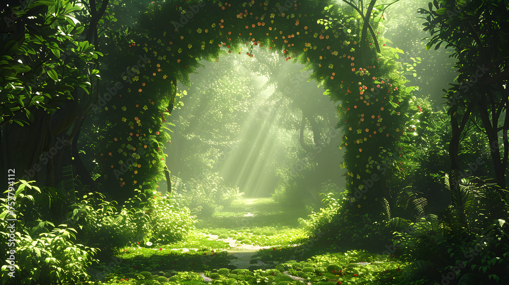 An exotic fairytale fantasy forest with lush green trees, colorful flowers, and a beautiful archway, illuminated by sunlight and shadows. Perfect for fantasy-themed illustrations and designs. - obrazy, fototapety, plakaty 