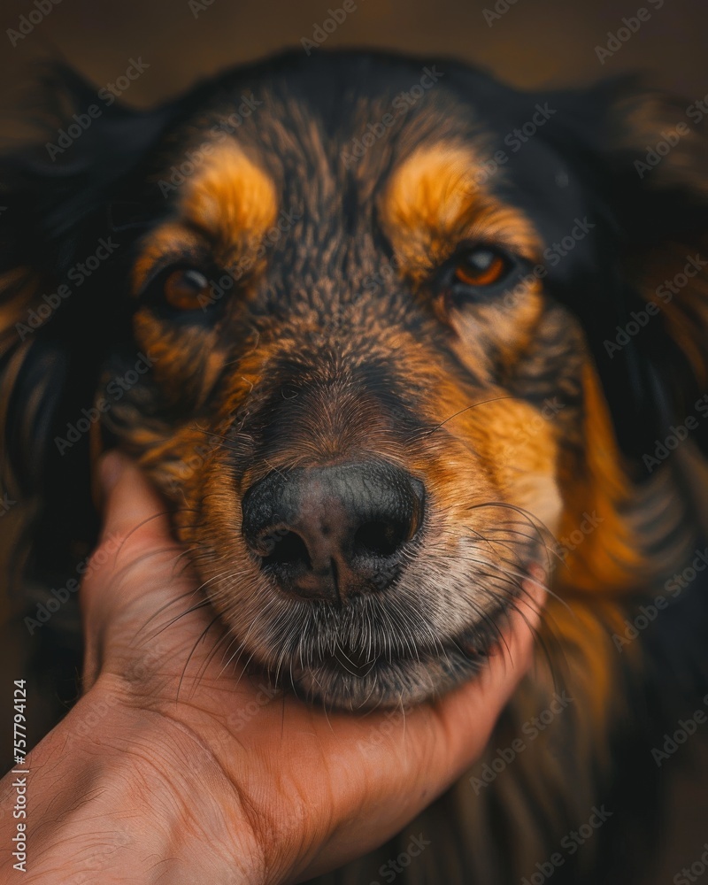 Fototapeta premium A close up of a dog's face with a hand on its nose