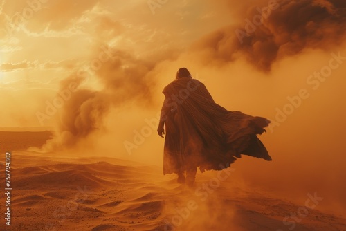 A person is walking in a desert with a hood over their head