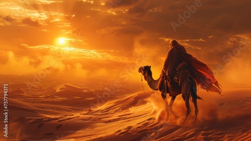 A man is riding a camel in the desert at sunset
