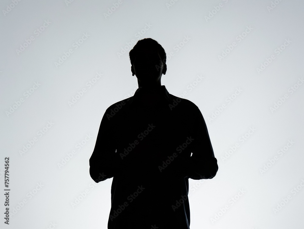 A man is standing in front of a white background