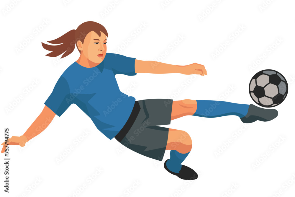 Isolated teenager girl figure of a school women's football player in a blue sports uniform jumps to hit the ball