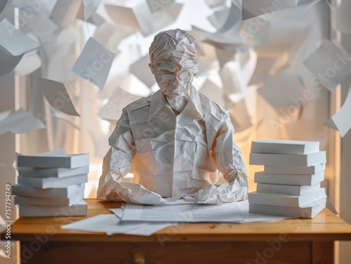 A man is sitting at a desk with a pile of papers in front of him