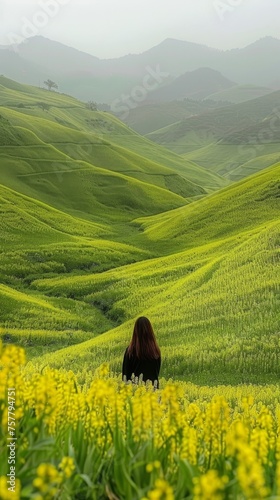 A woman stands in a field of yellow flowers