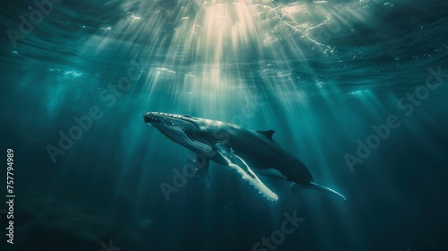 A whale is swimming in the ocean with its head above the water © jiawei