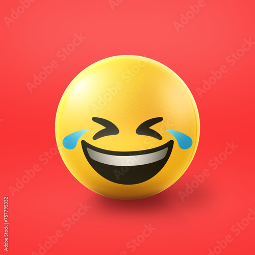 Laughing out loud and crying Emoji stress ball on shiny floor. 3D emoticon isolated.