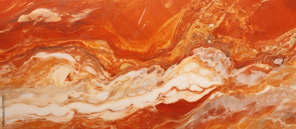 A detailed closeup of a red and white marble texture, resembling a peach dessert ingredient. This geological phenomenon creates a beautiful landscape, akin to a work of art